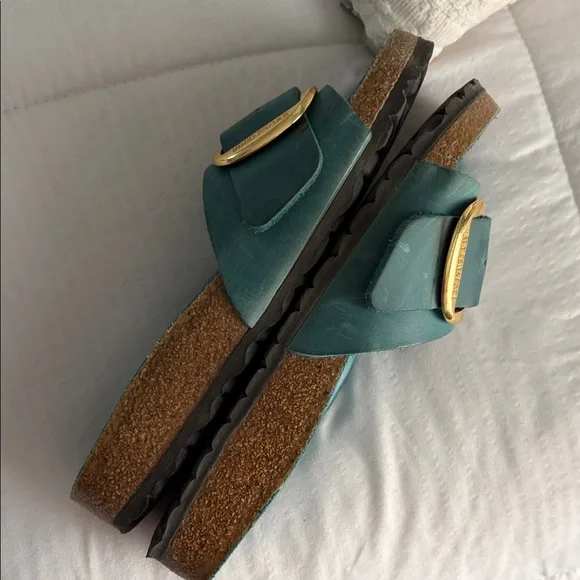 Birkenstock Turquoise Slides with Gold Buckle - Picture 4 of 6